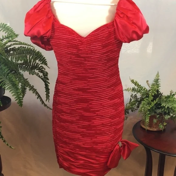 Vintage Lillie Rubin Couture Designer Red Pleated Satin Dress Women’s XS/S 2-4 - Picture 10 of 16